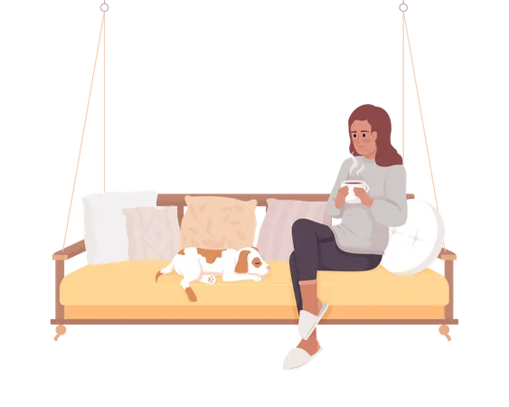 Woman sitting on garden swing with dog and coffee Illustration