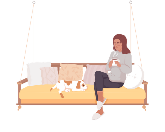 Woman sitting on garden swing with dog and coffee  Illustration