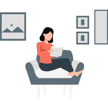 Woman sitting on her couch reading book  Illustration
