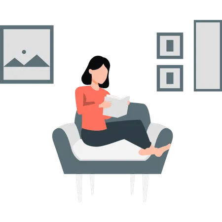 Woman sitting on her couch reading book  Illustration