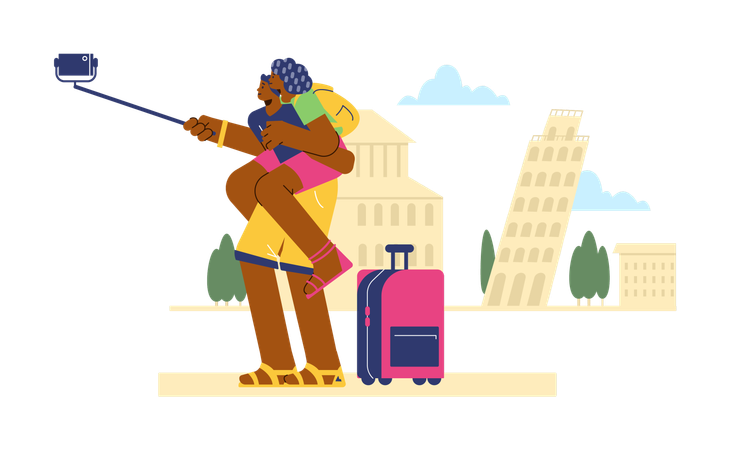 Woman sitting on man and takes selfie against of Eiffel Tower  Illustration