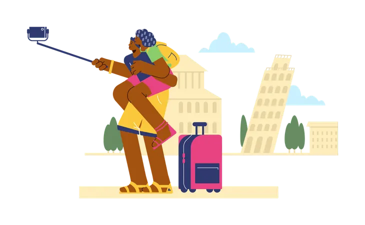 Woman sitting on man and takes selfie against of Eiffel Tower  Illustration