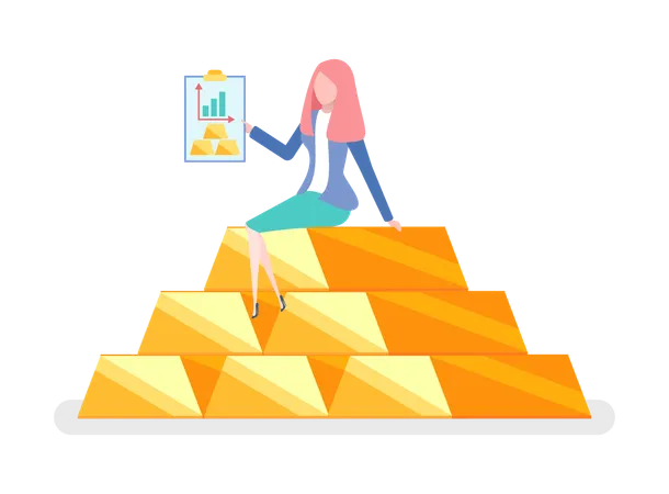 Best Invest Woman Sitting On Pile Of Gold With Folder Charts And Graphs Financial Analysis Investment Concept Cartoon Style Female On Golden Bar Isolated Illustration