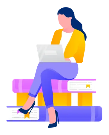 Woman Sitting On Piles Of Books Searching Answer In Internet Isolated Person In Flat Cartoon Style Vector Illustration Business Lady On High Heels Freelancer On Stalk Of Textbooks Working Character Illustration