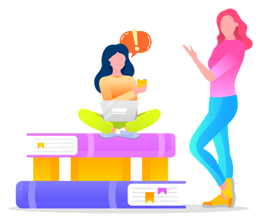 Woman Sitting on Piles of Books  Illustration