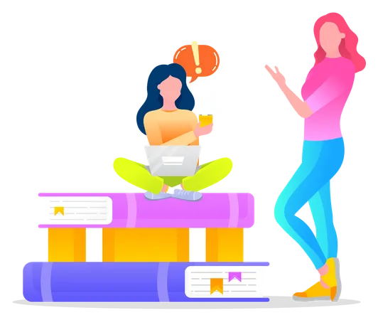 Woman Sitting on Piles of Books  Illustration