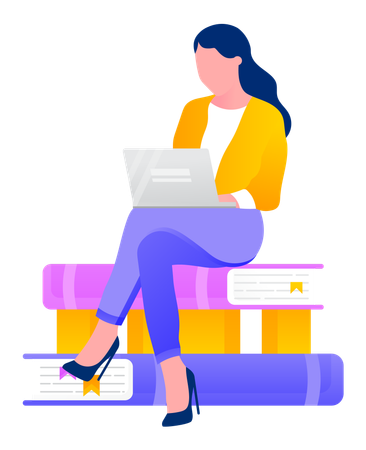 Woman Sitting on Piles of Books Searching Answer  Illustration