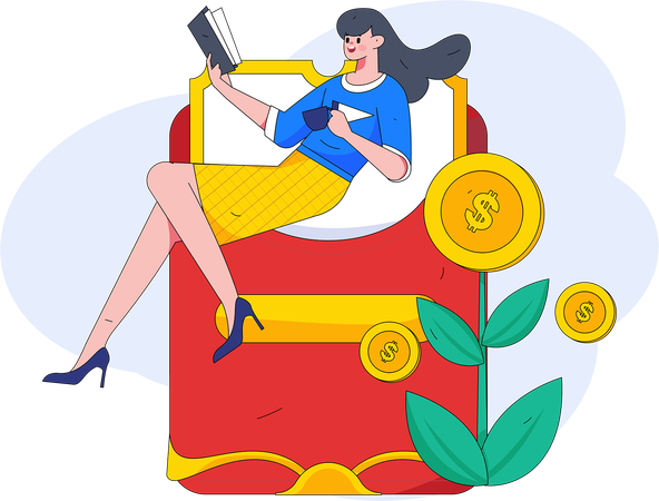 Woman sitting on red envelope  Illustration