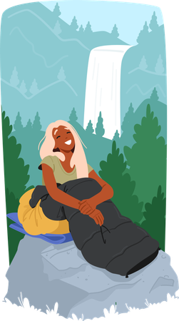 Woman sitting on rock with sleeping bag  Illustration