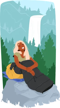 Woman sitting on rock with sleeping bag  Illustration