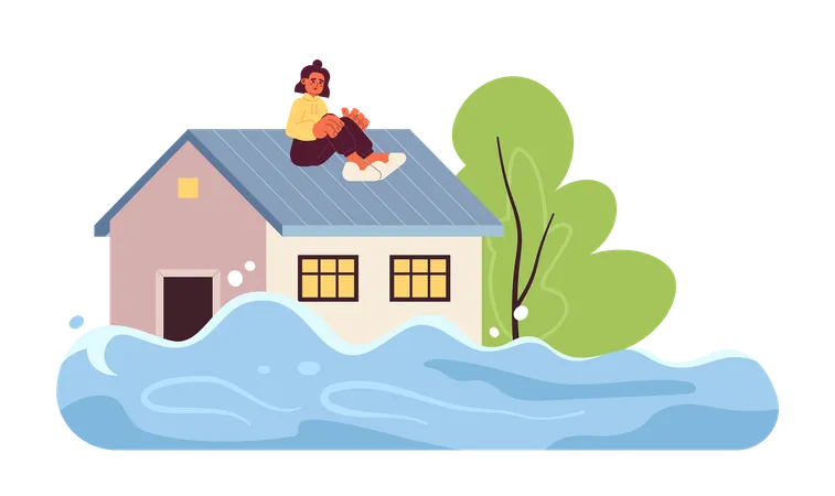 Woman Sitting On Roof Flat Concept Vector Spot Illustration Flooded House Natural Disaster Scared Woman 2 D Cartoon Character On White For Web UI Design Isolated Editable Creative Hero Image Illustration