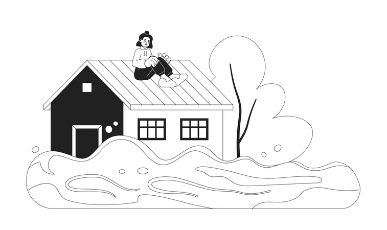 Woman Sitting On Roof Monochrome Concept Vector Spot Illustration Flooded House Natural Disaster Scared Woman 2 D Flat Bw Cartoon Character For Web UI Design Isolated Editable Hand Drawn Hero Image Illustration