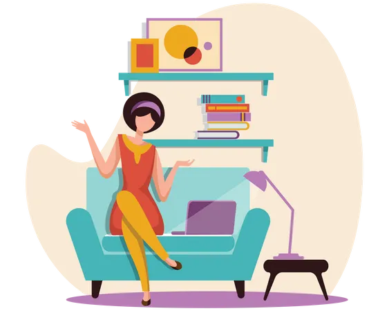 Woman sitting on sofa and chatting on video call  Illustration