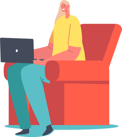 Woman sitting on sofa and working on laptop  Illustration