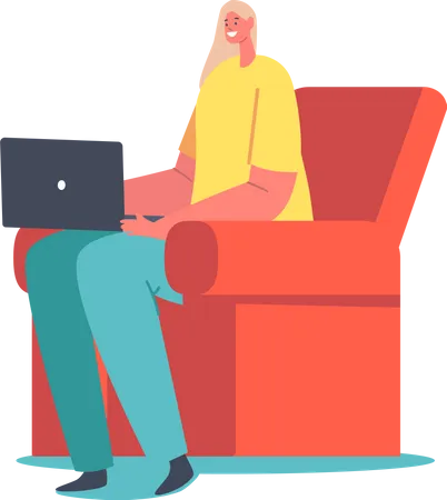 Woman sitting on sofa and working on laptop  Illustration