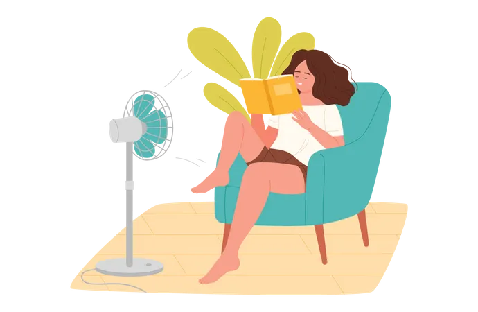 扇風機の前のソファに座って本を読んでいる女性  イラスト