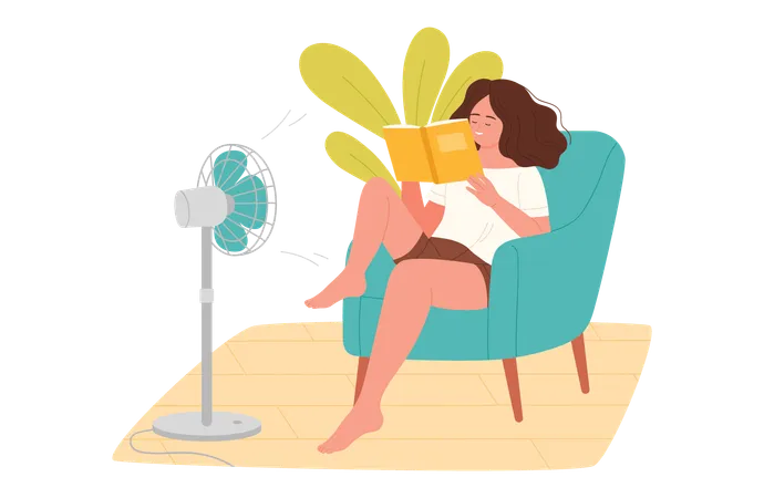 Woman sitting on sofa front of fan with reading book  Illustration