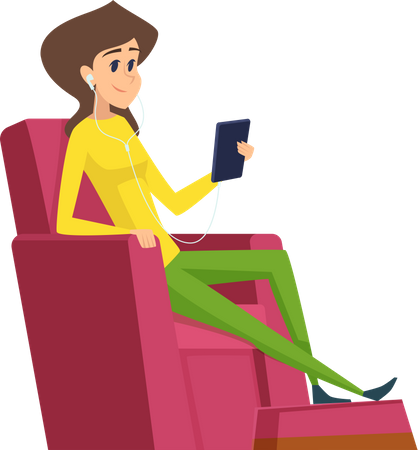 Woman sitting on sofa while listening music  Illustration