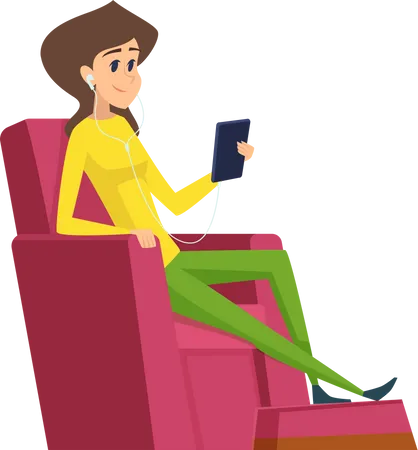 Woman sitting on sofa while listening music  Illustration