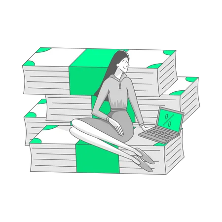 Woman sitting on stacks of bills Illustration