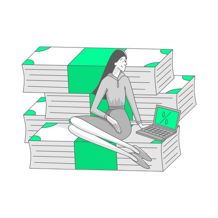 Woman sitting on stacks of bills  Illustration