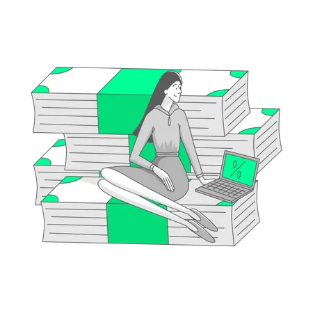 Woman sitting on stacks of bills  Illustration