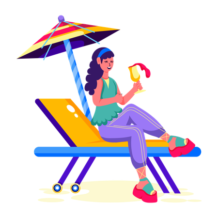 Woman sitting on Sunbed under umbrella  Illustration