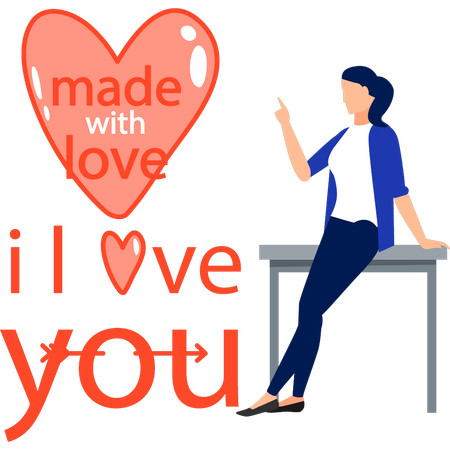 Woman sitting on table and pointing i love you sign  Illustration