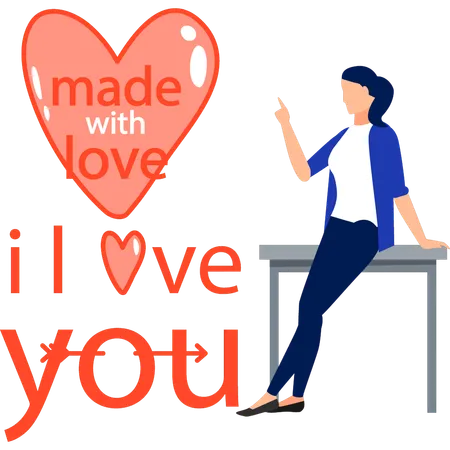 Woman sitting on table and pointing i love you sign  Illustration