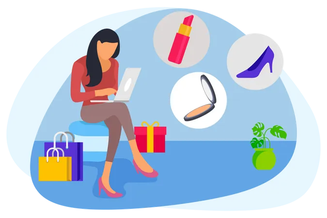 Woman sitting on table doing online shopping Illustration