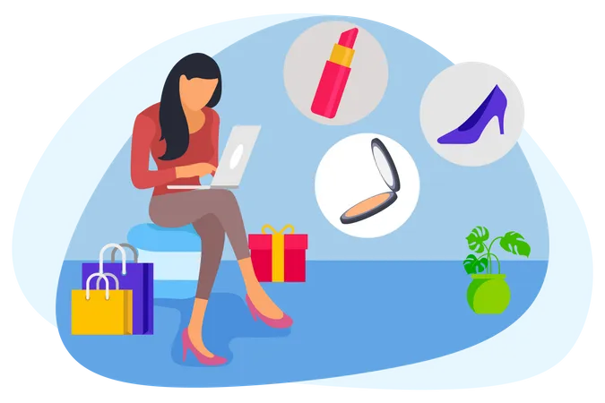 Woman sitting on table doing online shopping  Illustration