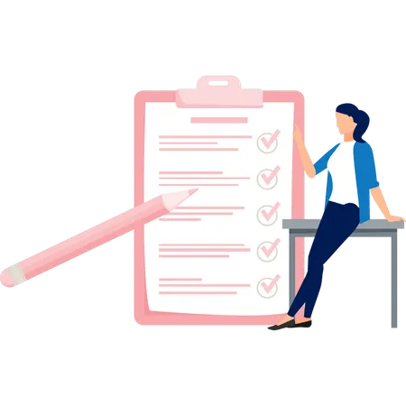 Woman sitting on table pointing at writing document  Illustration