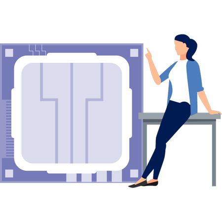 Woman sitting on table pointing processor chip  Illustration