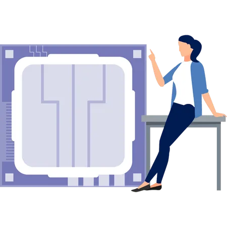 Woman sitting on table pointing processor chip  Illustration