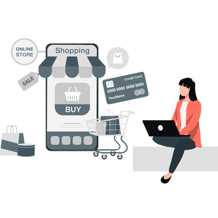 Woman sitting on table shopping on online store  Illustration