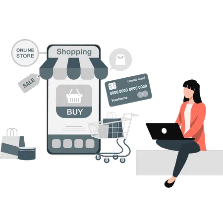 Woman sitting on table shopping on online store  Illustration