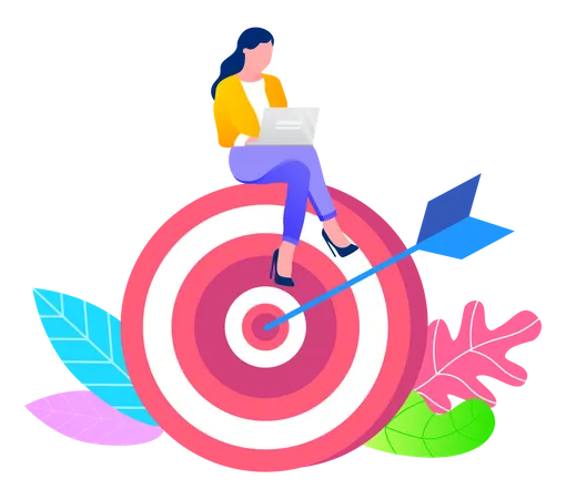 Woman Sitting On Target Working With Computer Isolated Leader In Flat Style Vector Illustration Of Businesswoman With Laptop Arrow In Goal And Color Plants Around Strategy And Learning Search Illustration