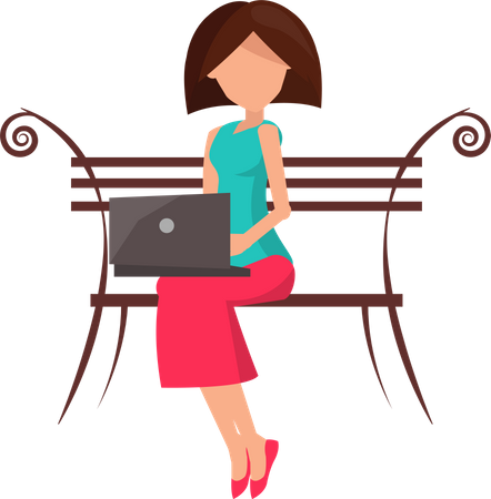 Woman sitting on the bench and working on a laptop  Illustration