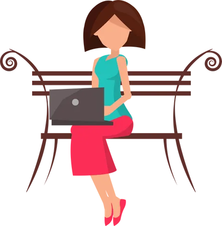 Woman sitting on the bench and working on a laptop  Illustration