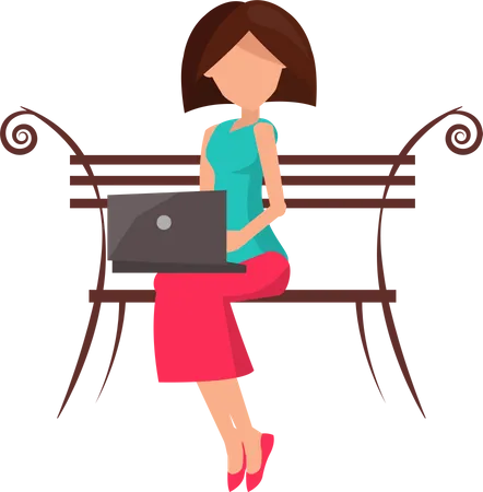 Woman sitting on the bench and working on a laptop Illustration