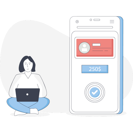 Woman sitting on the floor beside a phone and a laptop focused on her devices  Illustration