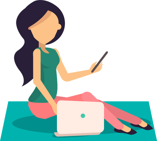 Woman sitting on the mat and working on a laptop  Illustration