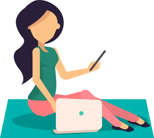 Woman sitting on the mat and working on a laptop  Illustration