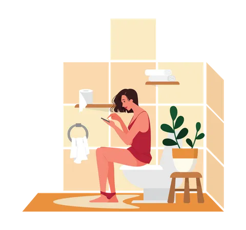 Woman sitting on the toilet and using phone Illustration
