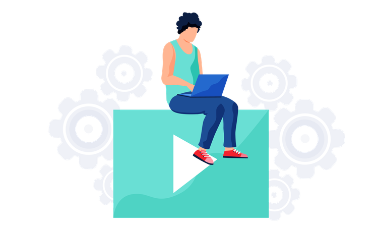 Woman sitting on the video player and working with laptop  Illustration