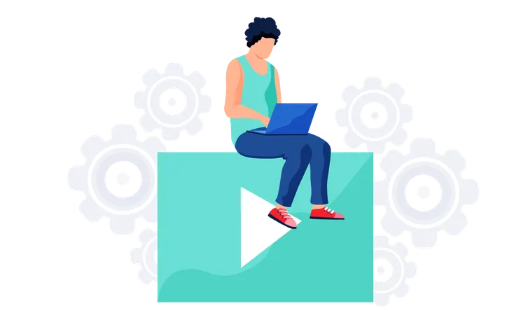 Woman sitting on the video player and working with laptop  Illustration