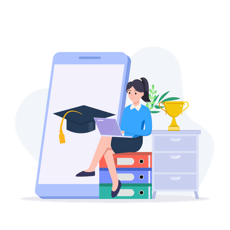 Woman Sitting On Top Of Books And Laptop With Graduation Cap  Illustration