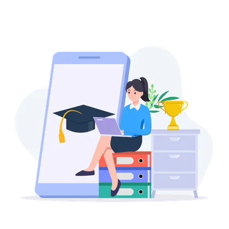 Woman Sitting On Top Of Books And Laptop With Graduation Cap  Illustration