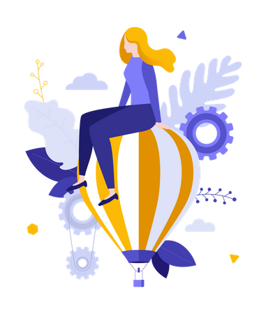 Woman sitting on top of flying hot air balloon Illustration