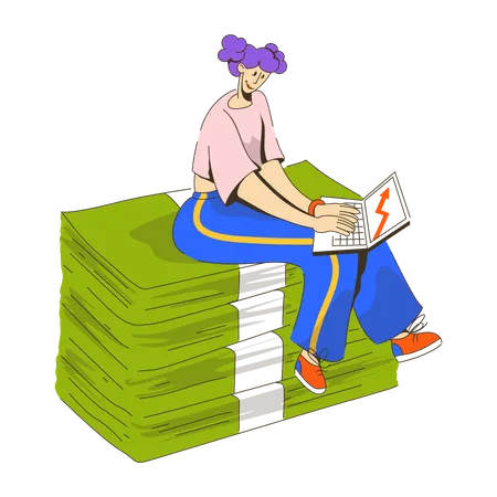 Woman sitting on wads of money with laptop  Illustration